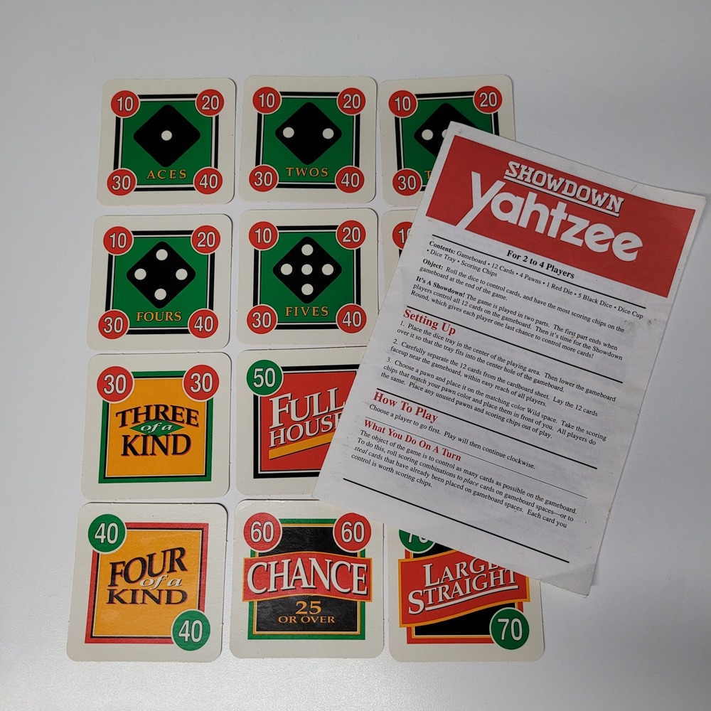 Showdown Yahtzee Milton Bradley 1991‎ Instruction Cards Scoring Chips Rulebook